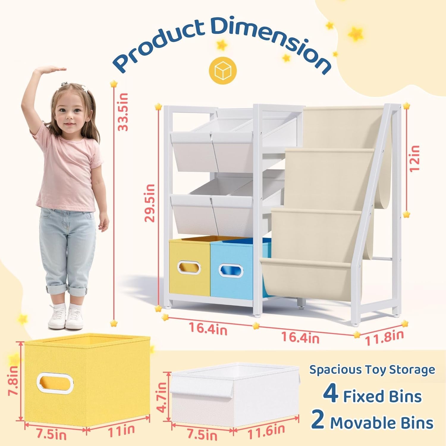 Kids Bookshelf Toy Storage Organizer - Book Shelf for Kids Rooms, 6 Toy Bins for Kids Organizer and 3 Sling Kids Bookcase, Toddler Baby Montessori Nursery Bookshelf Childrens Book Rack Display