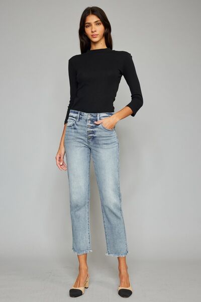 Kancan High Waist Button Fly Raw Hem Cropped Straight Jeans-4