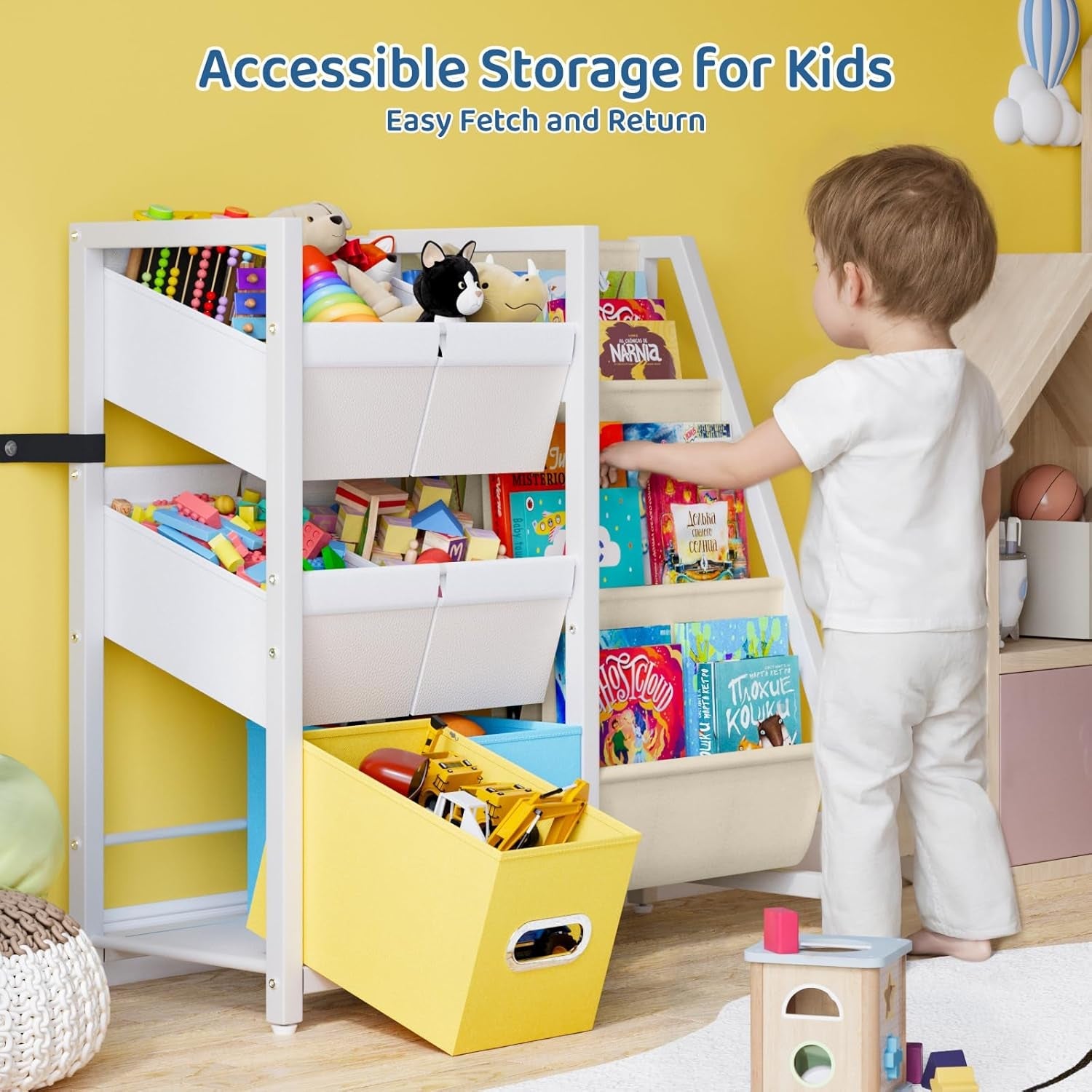 Kids Bookshelf Toy Storage Organizer - Book Shelf for Kids Rooms, 6 Toy Bins for Kids Organizer and 3 Sling Kids Bookcase, Toddler Baby Montessori Nursery Bookshelf Childrens Book Rack Display