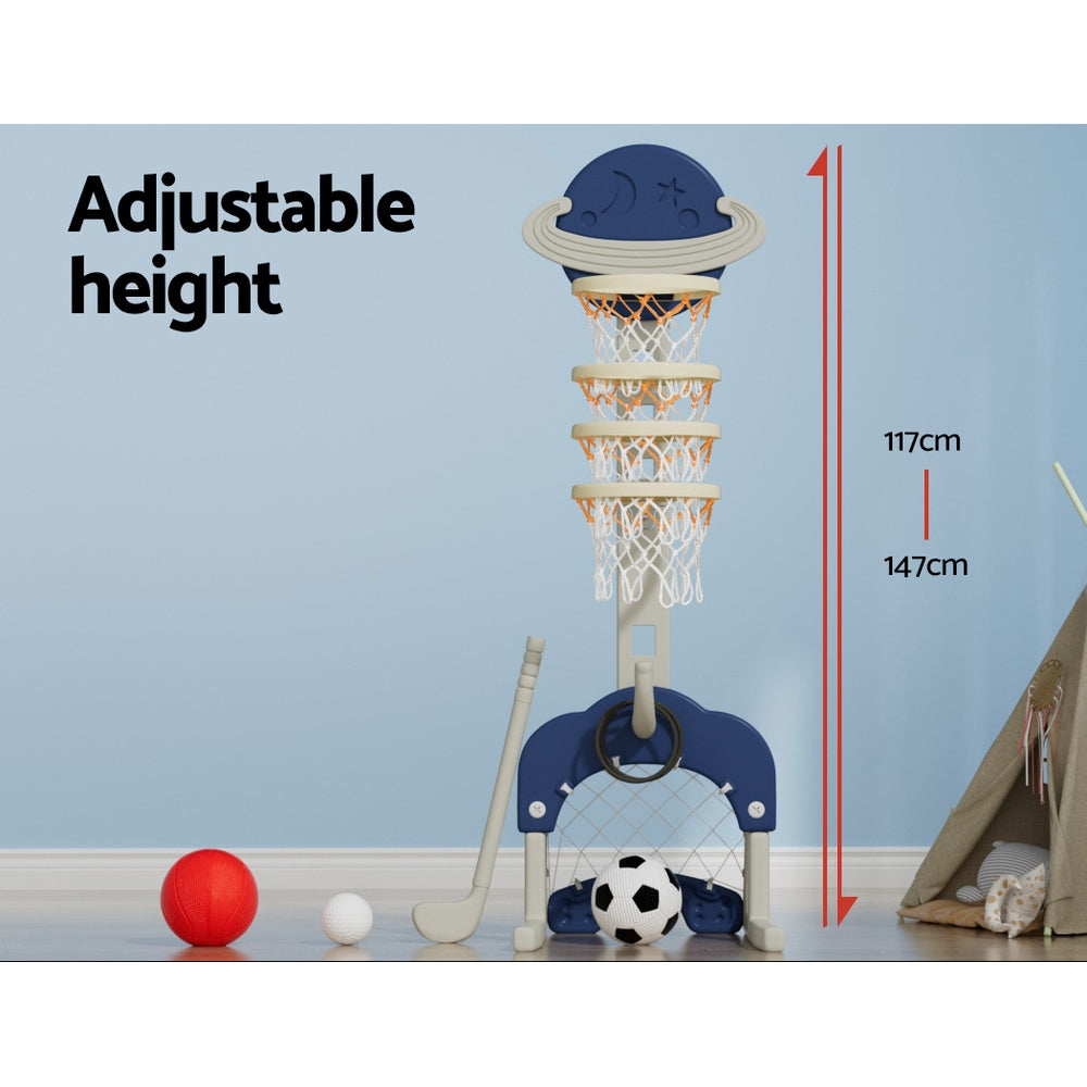 NNEDSZ Kids Basketball Hoop Stand Adjustable 6-in-1 Sports Center Toys Set Blue