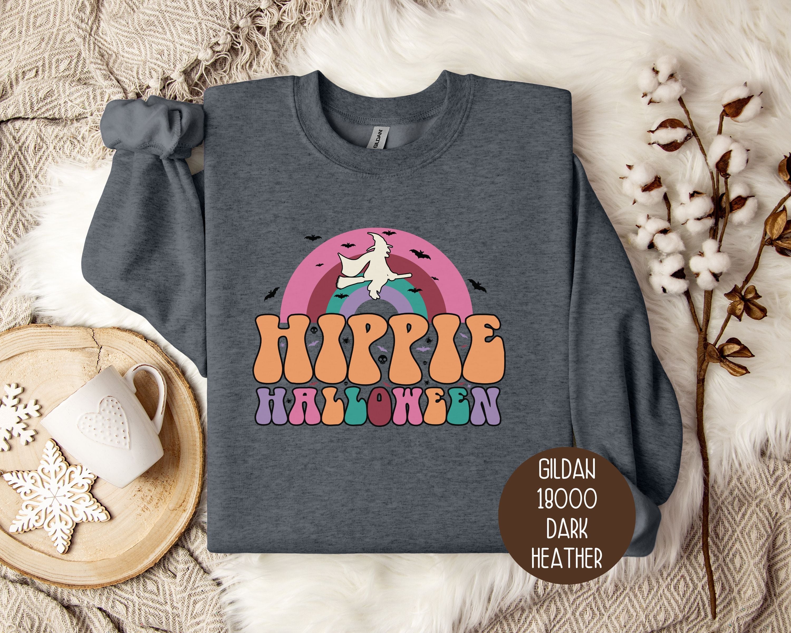 Hippie Halloween Retro Witch Rainbow Sweatshirt-4