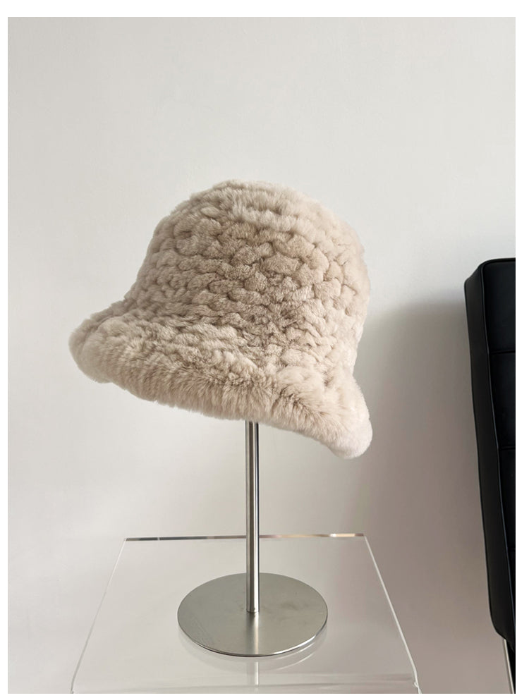 Fireladyfur Women's Hand-Knitted Rex Rabbit Fur Bucket Hat