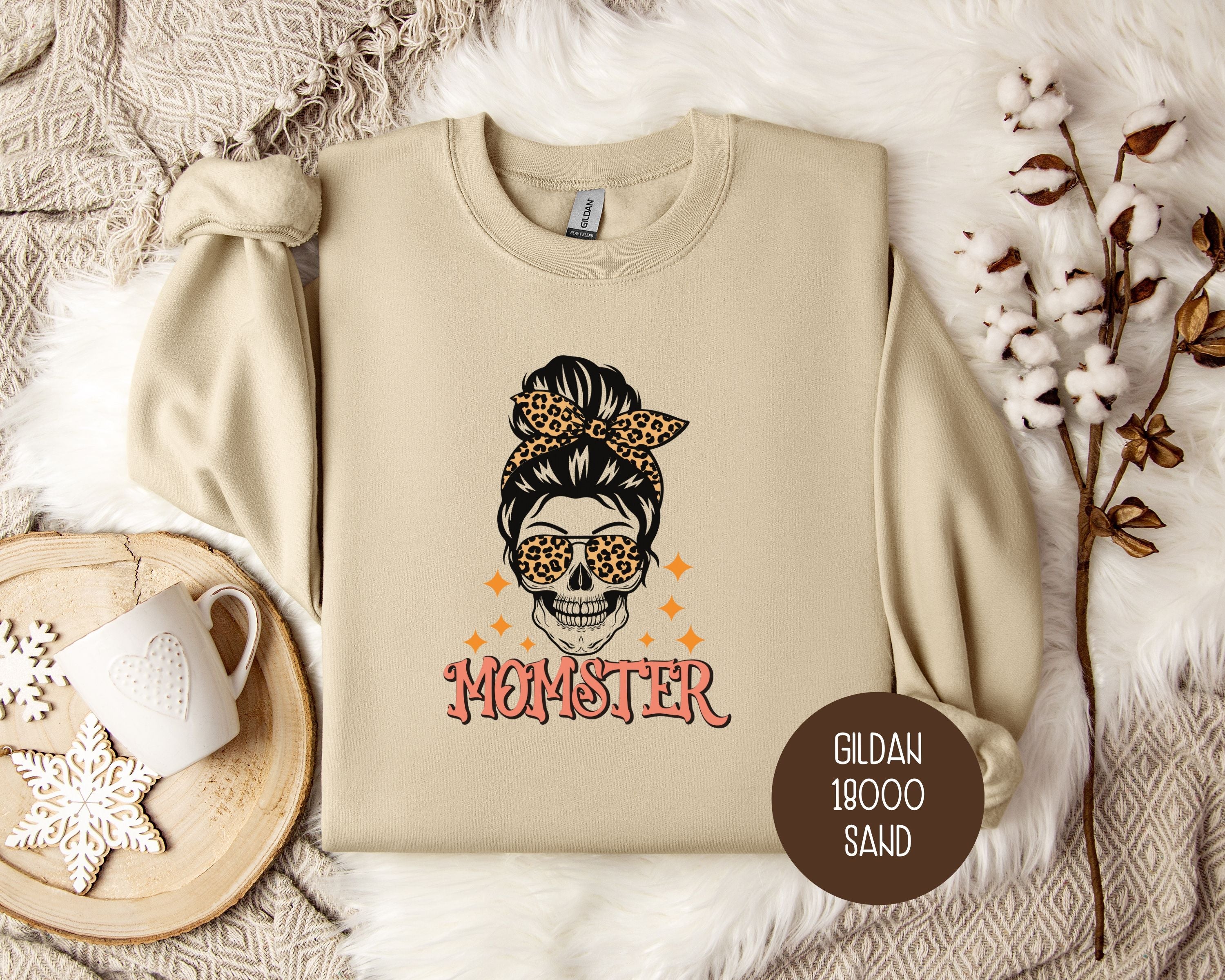 Momster Skeleton Leopard Messy Bun Halloween Sweatshirt-3
