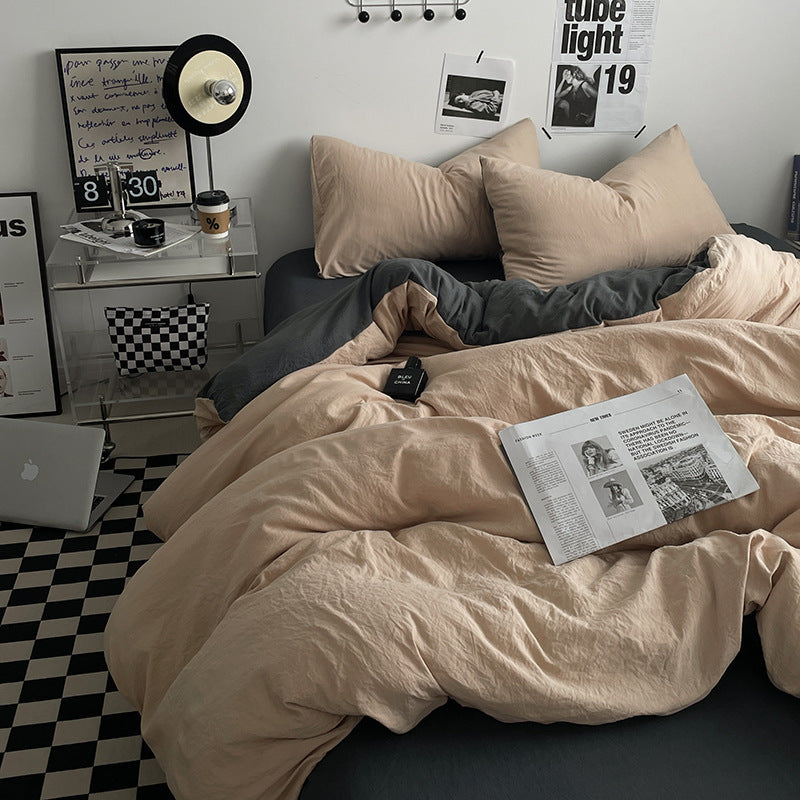 Khaki-darkgrey 1.5m Bed Fitted Sheet Set with 200x230cm Duvet Cover - 4-Piece Bedding Set-0