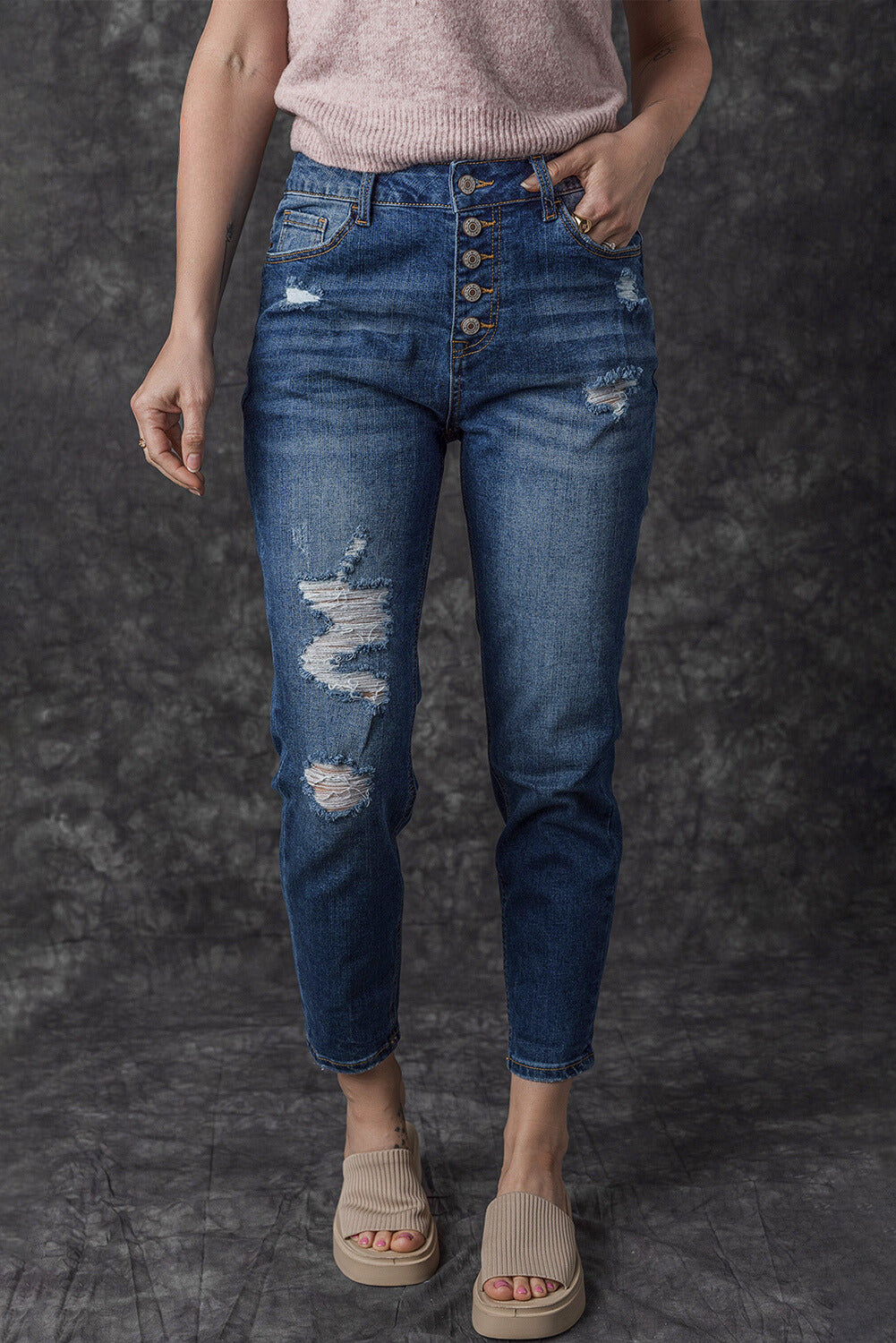 Bailee Distressed Button Fly High Waist Jeans-0