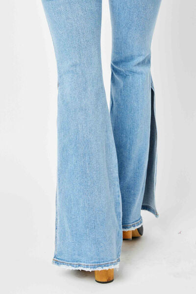 Judy Blue Full Size Mid Rise Raw Hem Slit Flare Jeans-3