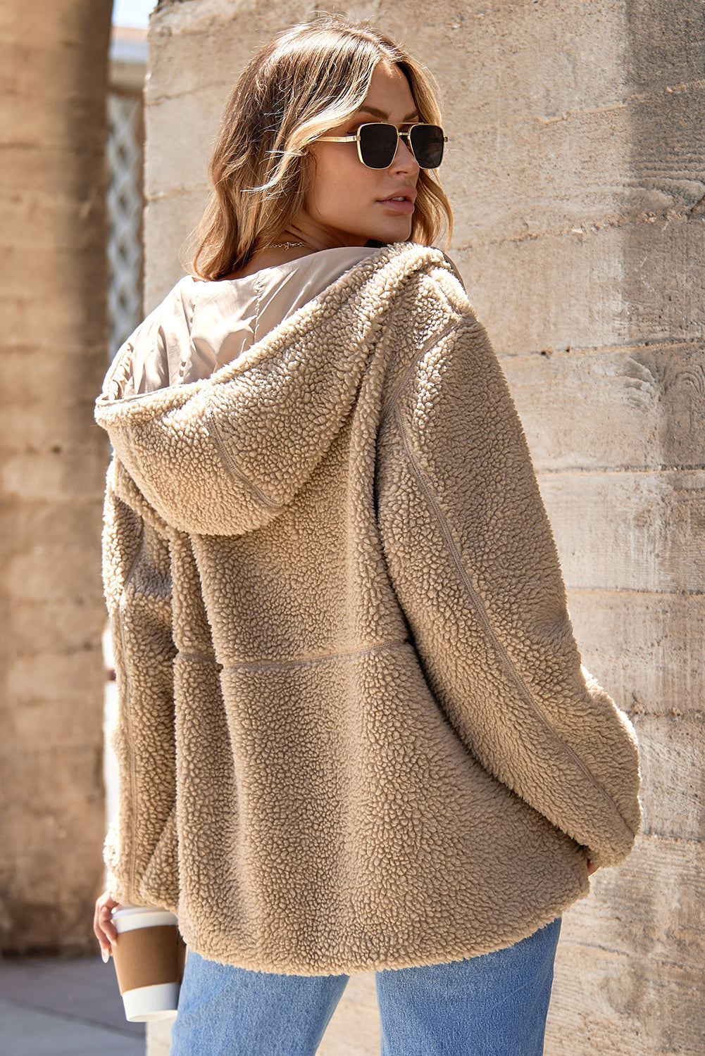 Fleece Zip Up Drawstring Hooded Pocketed Jacket-1