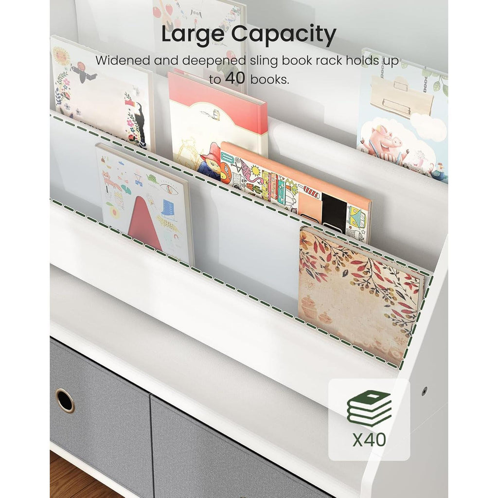 Kids Bookshelf and Toy Storage, 4 Tier Large Capacity Kids Book Rack, Sling Kids Bookcase, for Kids Room, Nursery, Playroom, White and Gray MCW06WT
