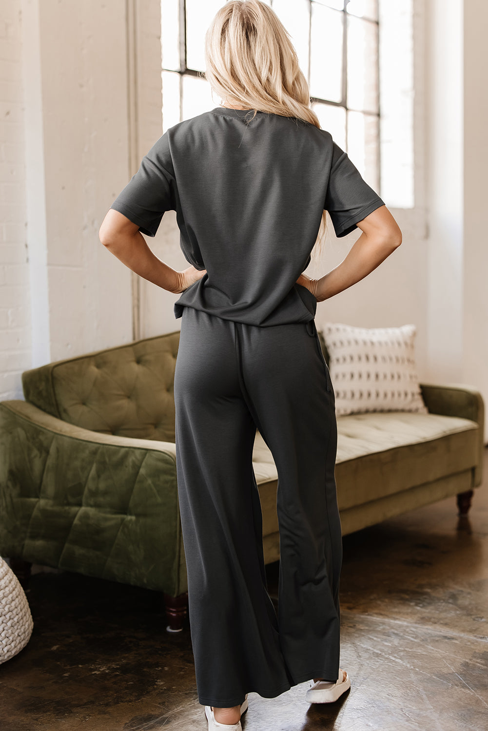 Dallas Drawstring Side Crewneck Tee and Loose Pants Set-1