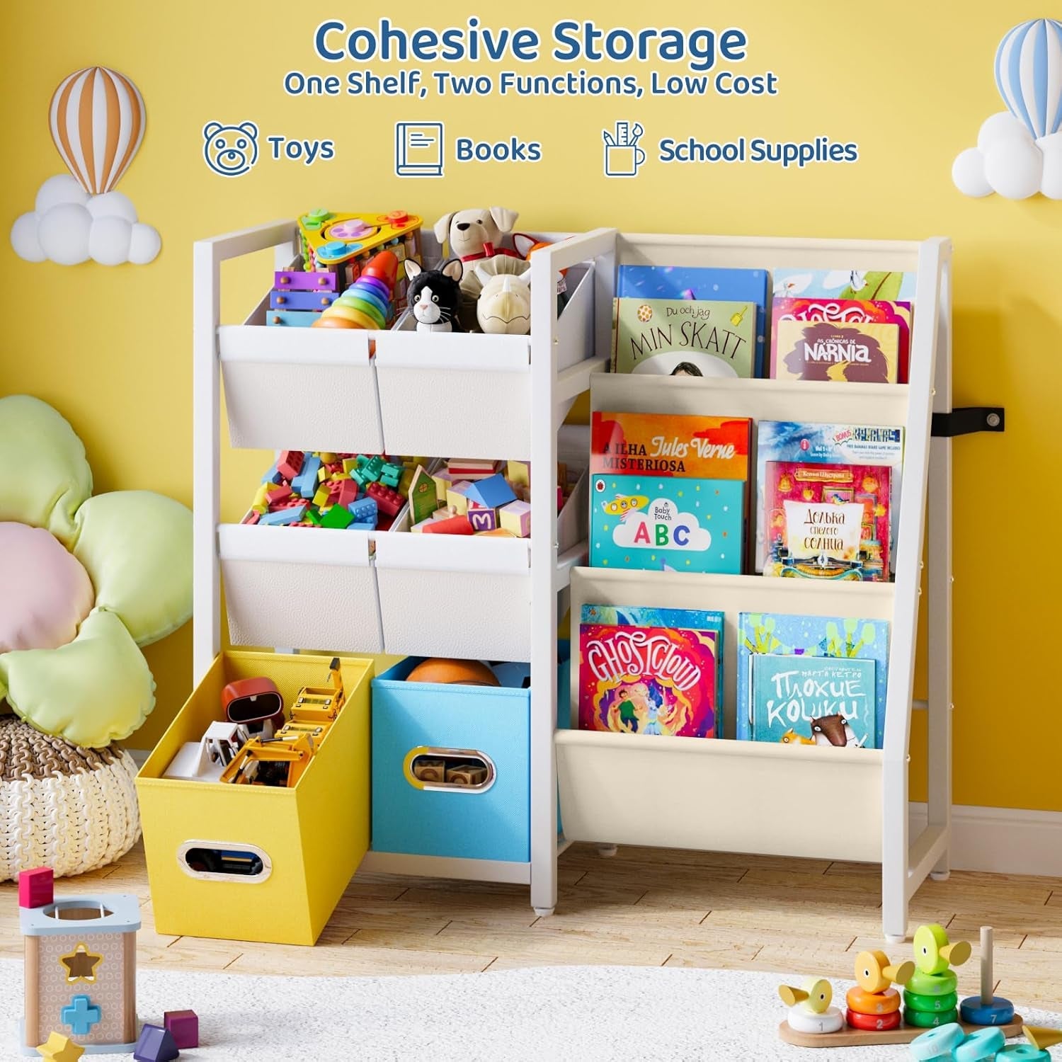 Kids Bookshelf Toy Storage Organizer - Book Shelf for Kids Rooms, 6 Toy Bins for Kids Organizer and 3 Sling Kids Bookcase, Toddler Baby Montessori Nursery Bookshelf Childrens Book Rack Display