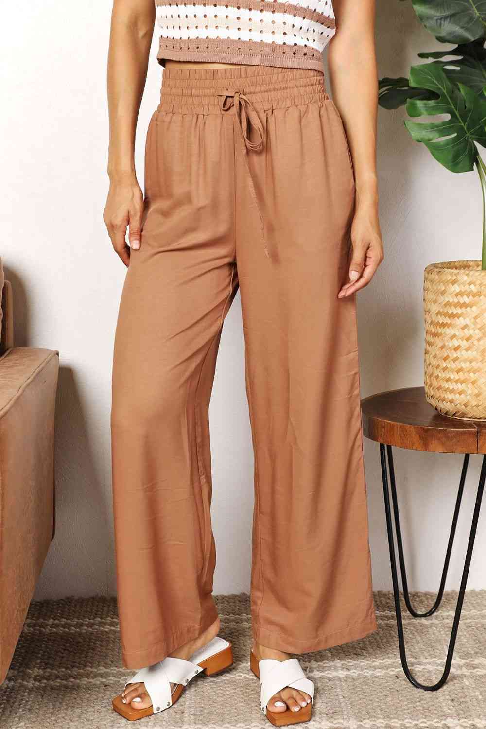 Double Take Drawstring Smocked Waist Wide Leg Pants-0