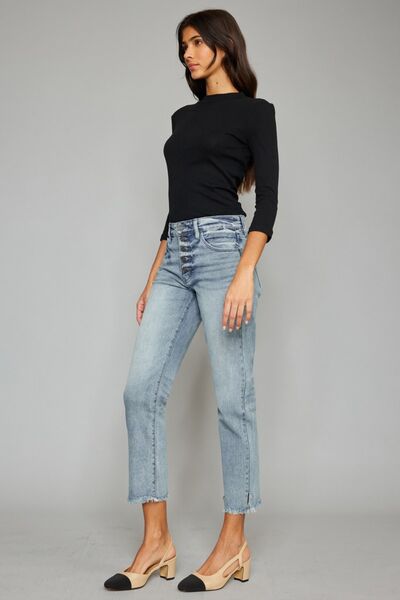Kancan High Waist Button Fly Raw Hem Cropped Straight Jeans-3