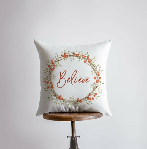 Believe with Berry Wreath Christmas Throw Pillow | Room Decor | Home