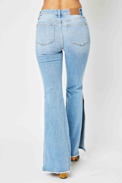 Judy Blue Full Size Mid Rise Raw Hem Slit Flare Jeans-2