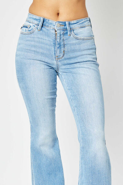 Judy Blue Full Size Mid Rise Raw Hem Slit Flare Jeans-1