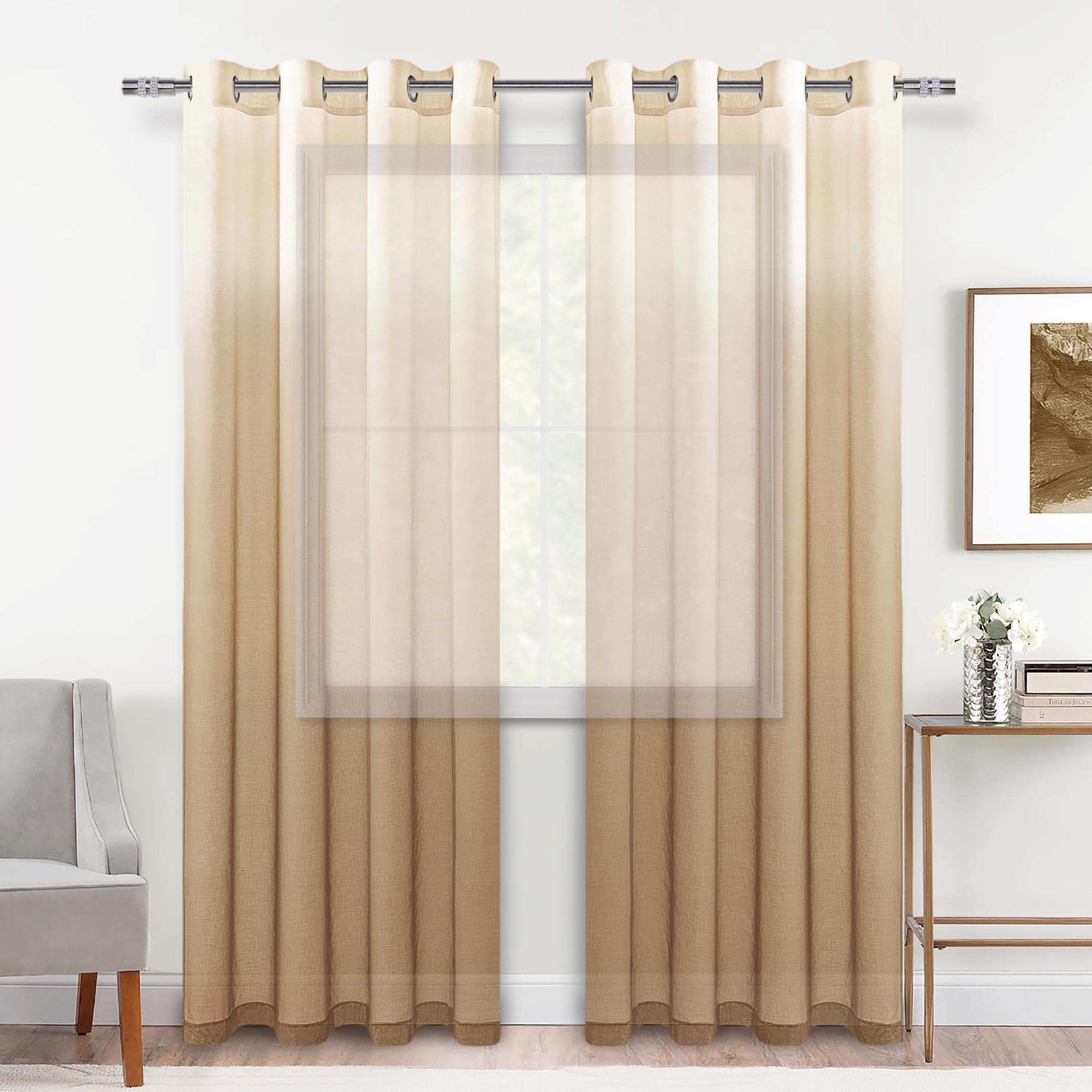 DWCN Faux Linen Ombre Sheer Curtains, Set of 2 Panels