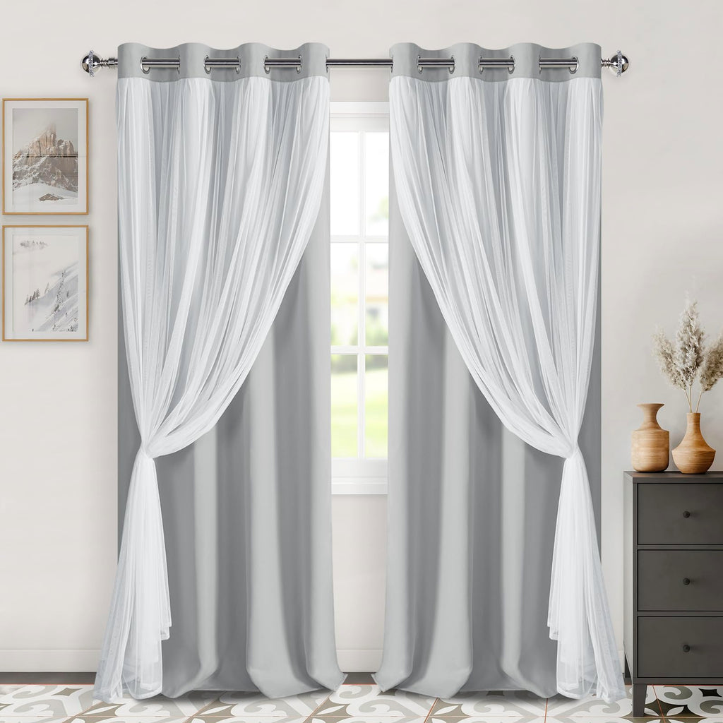 DWCN Layered Curtains, Blackout and Sheer Curtains with Tiebacks, 2 Pieces