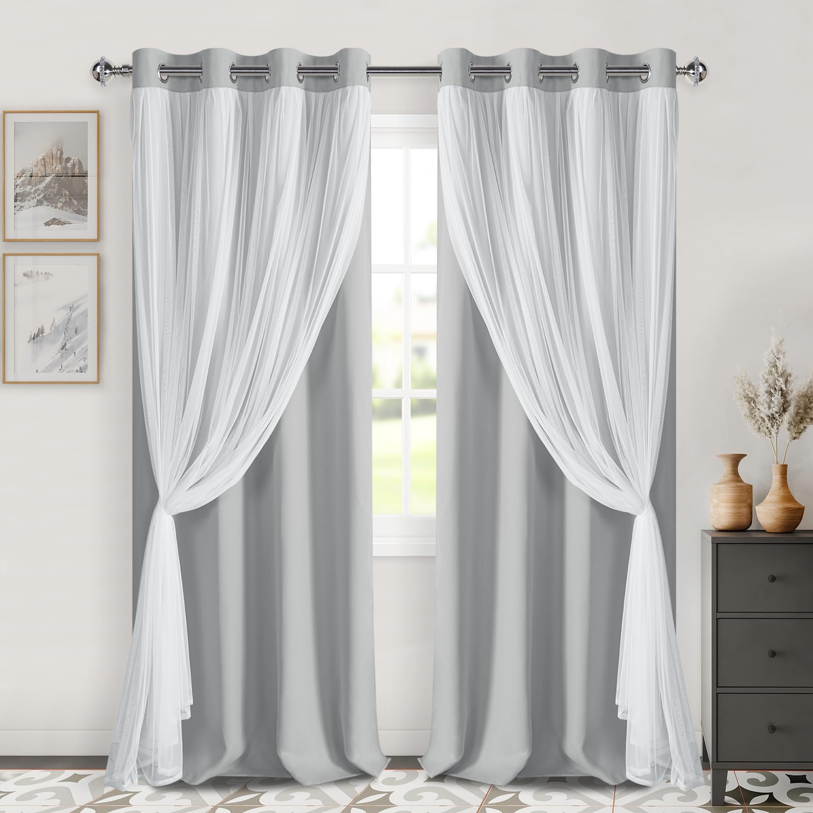 DWCN Layered Curtains, Blackout and Sheer Curtains with Tiebacks, 2 Pieces