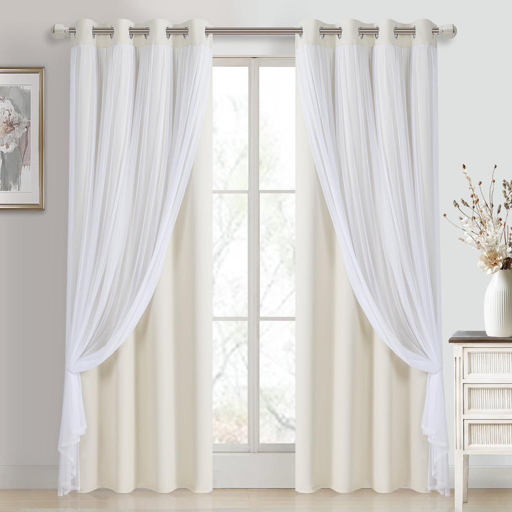 DWCN Layered Curtains, Blackout and Sheer Curtains with Tiebacks, 2 Pieces