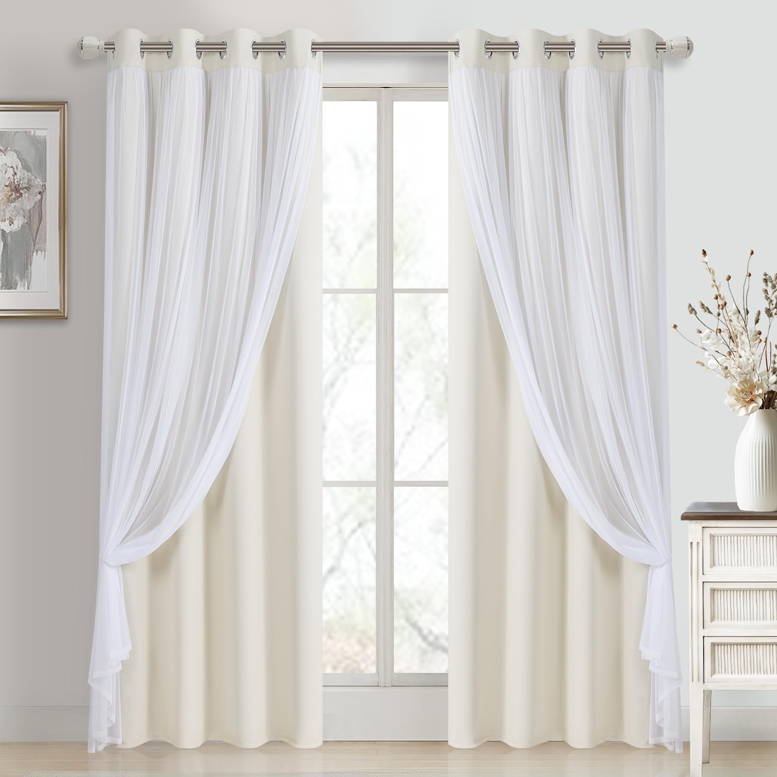 DWCN Layered Curtains, Blackout and Sheer Curtains with Tiebacks, 2 Pieces