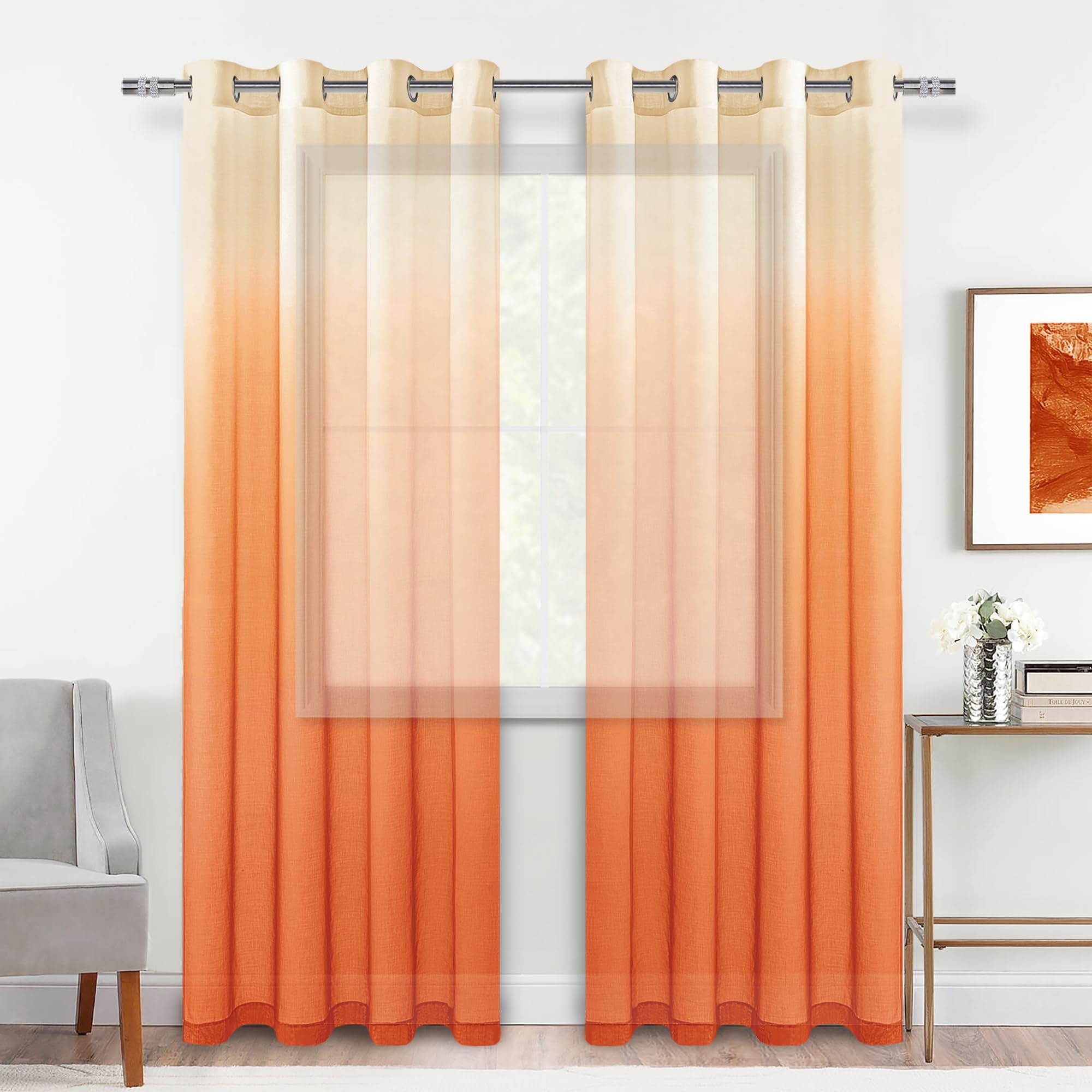DWCN Faux Linen Ombre Sheer Curtains, Set of 2 Panels
