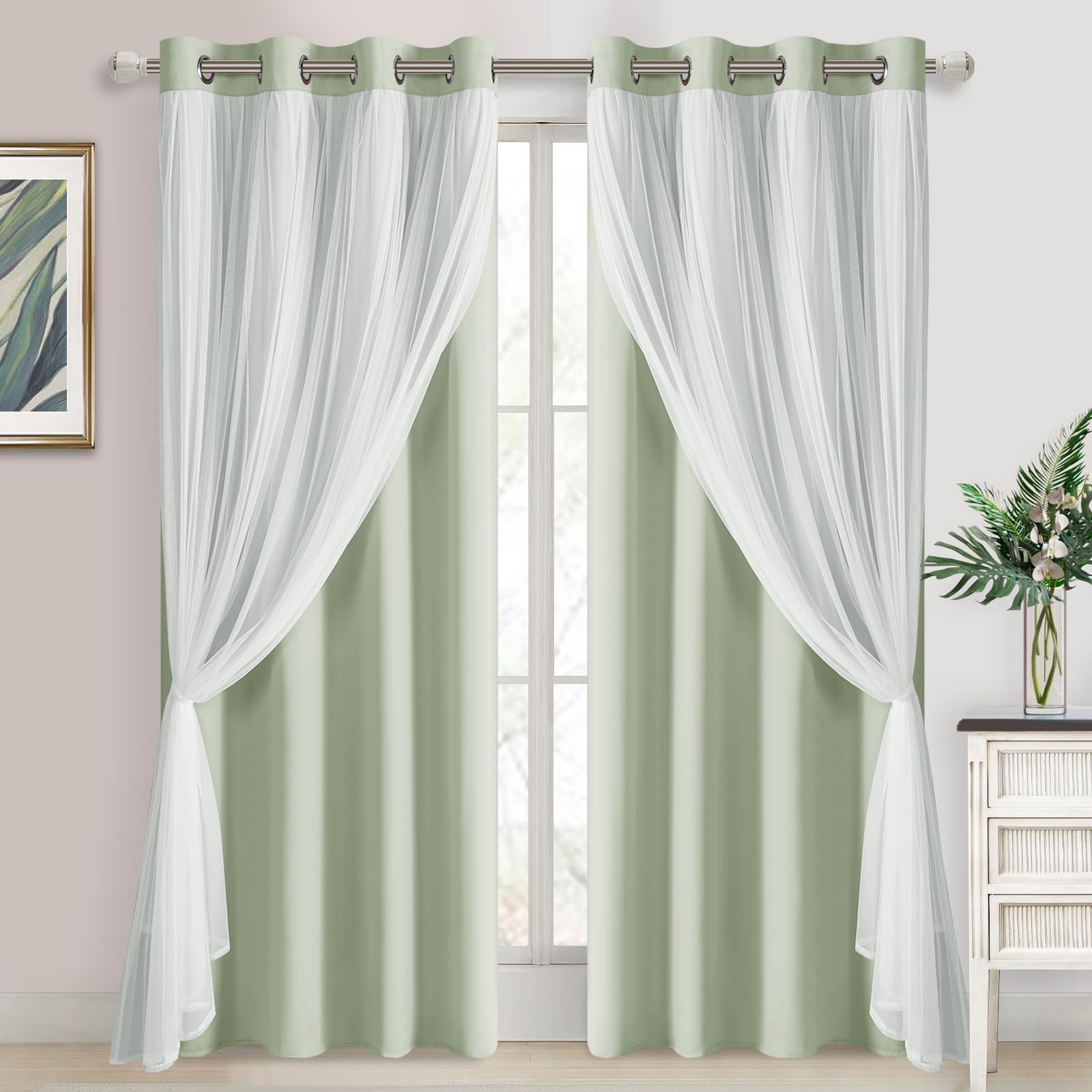 DWCN Layered Curtains, Blackout and Sheer Curtains with Tiebacks, 2 Pieces
