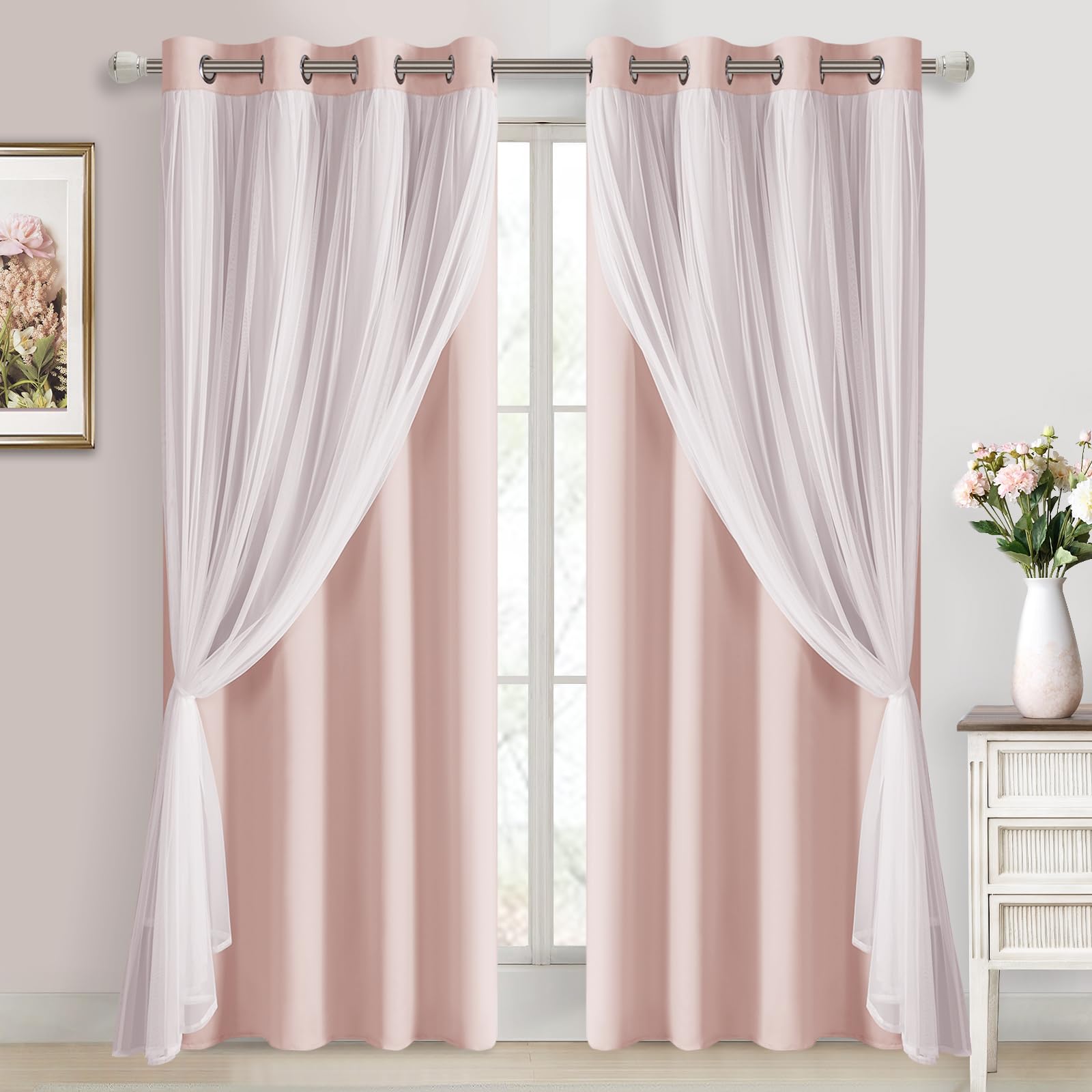 DWCN Layered Curtains, Blackout and Sheer Curtains with Tiebacks, 2 Pieces