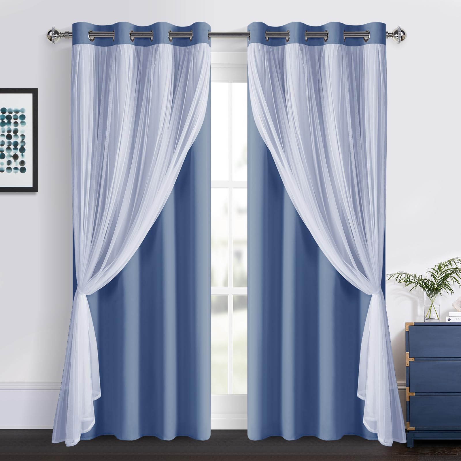 DWCN Layered Curtains, Blackout and Sheer Curtains with Tiebacks, 2 Pieces