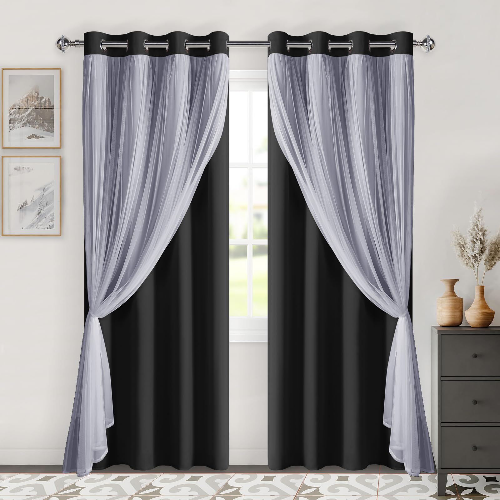 DWCN Layered Curtains, Blackout and Sheer Curtains with Tiebacks, 2 Pieces