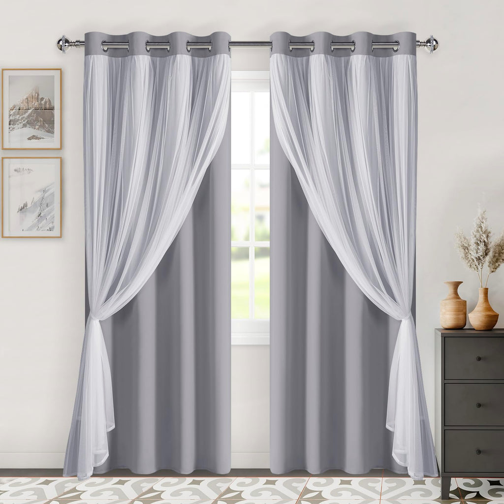 DWCN Layered Curtains, Blackout and Sheer Curtains with Tiebacks, 2 Pieces