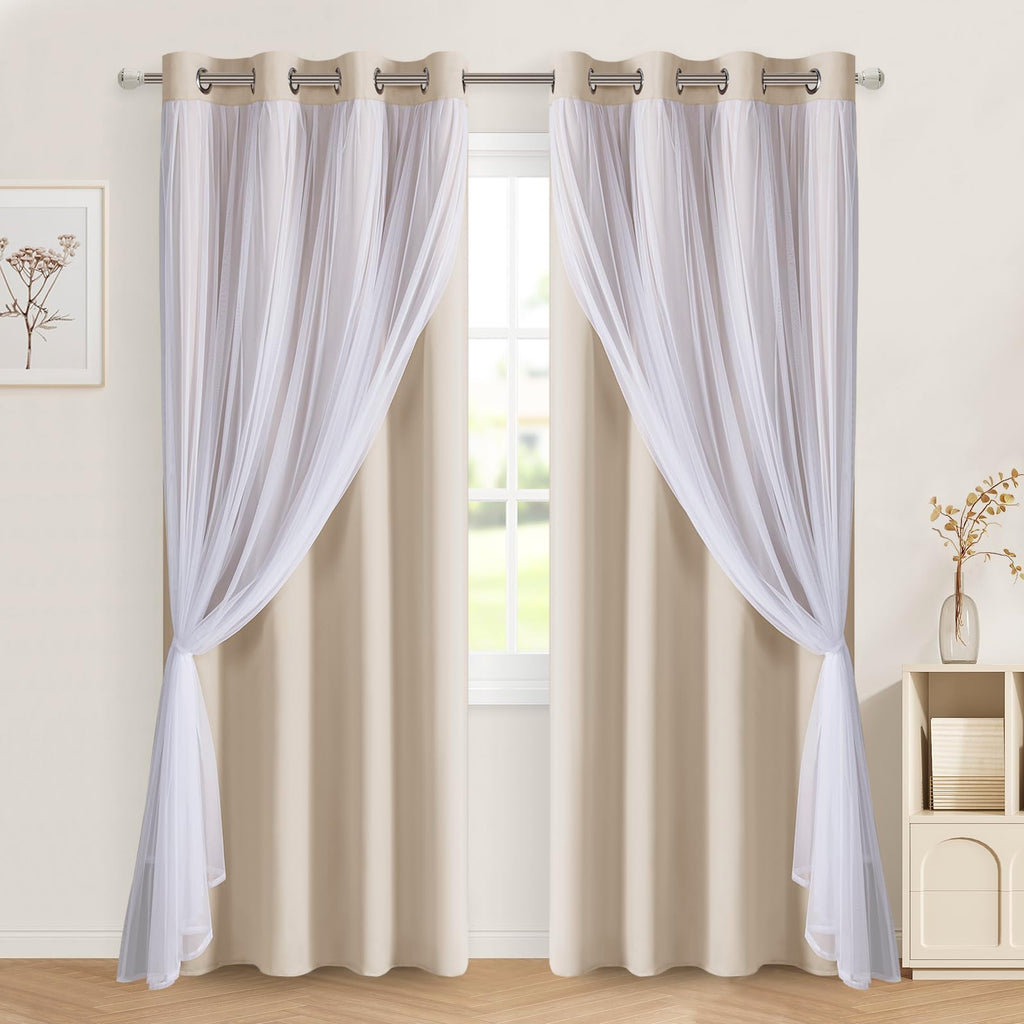 DWCN Layered Curtains, Blackout and Sheer Curtains with Tiebacks, 2 Pieces