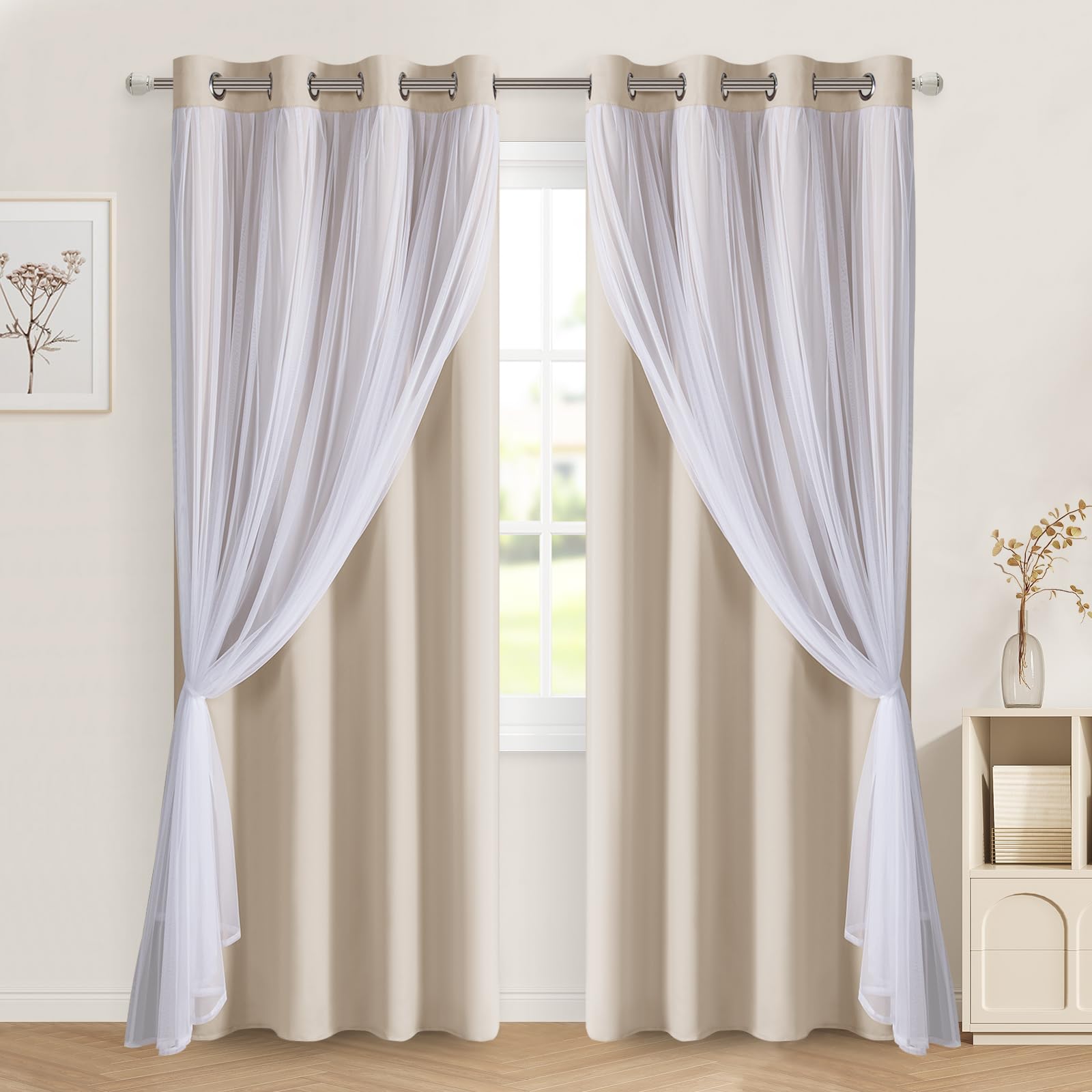 DWCN Layered Curtains, Blackout and Sheer Curtains with Tiebacks, 2 Pieces