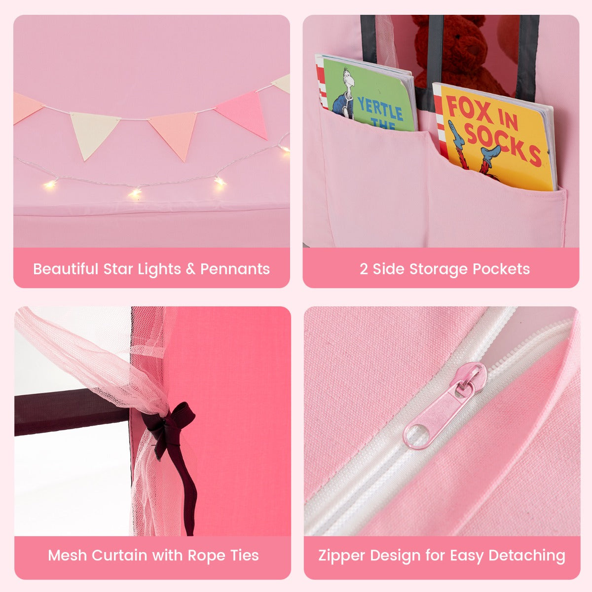 NNECW Kids Play Castle Tent Large Playhouse Toys Gifts with Star Lights Washable Mat-Pink