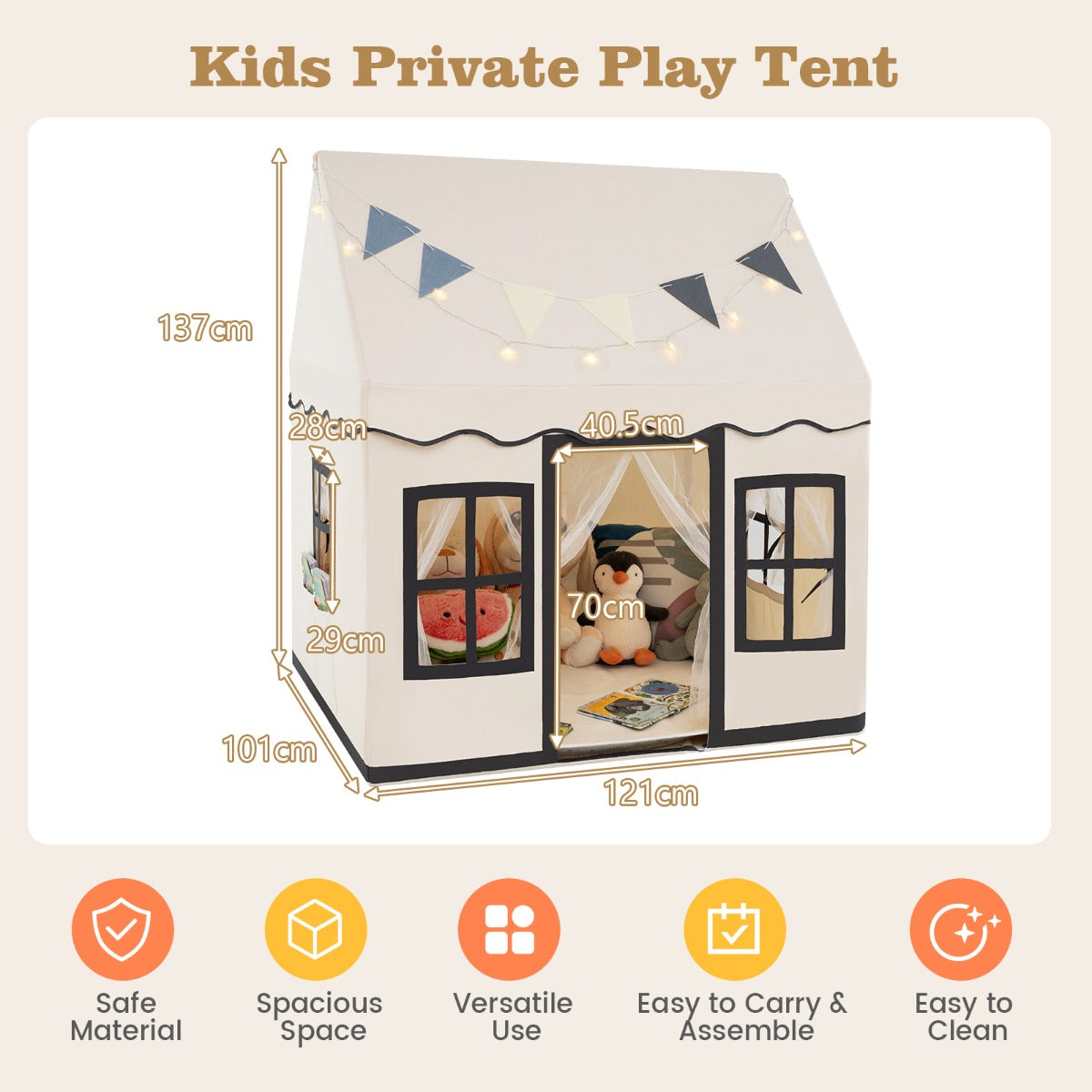NNECW Kids Play Castle Tent Large Playhouse Toys Gifts with Star Lights Washable Mat-Beige