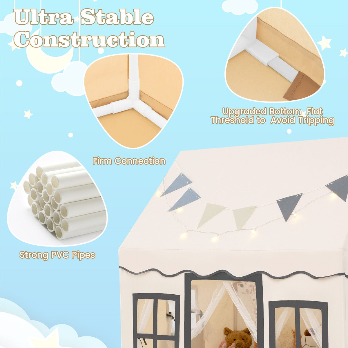 NNECW Kids Play Castle Tent Large Playhouse Toys Gifts with Star Lights Washable Mat-Beige