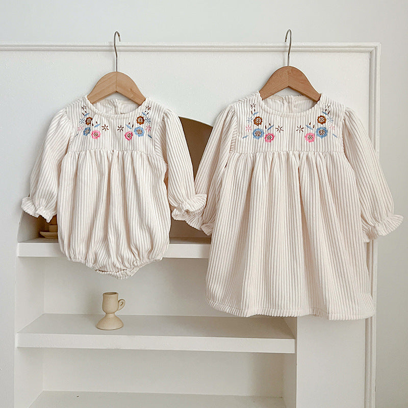 Baby Onesies or Dress For Girls With Long Sleeves And Embroidered Flowers-0
