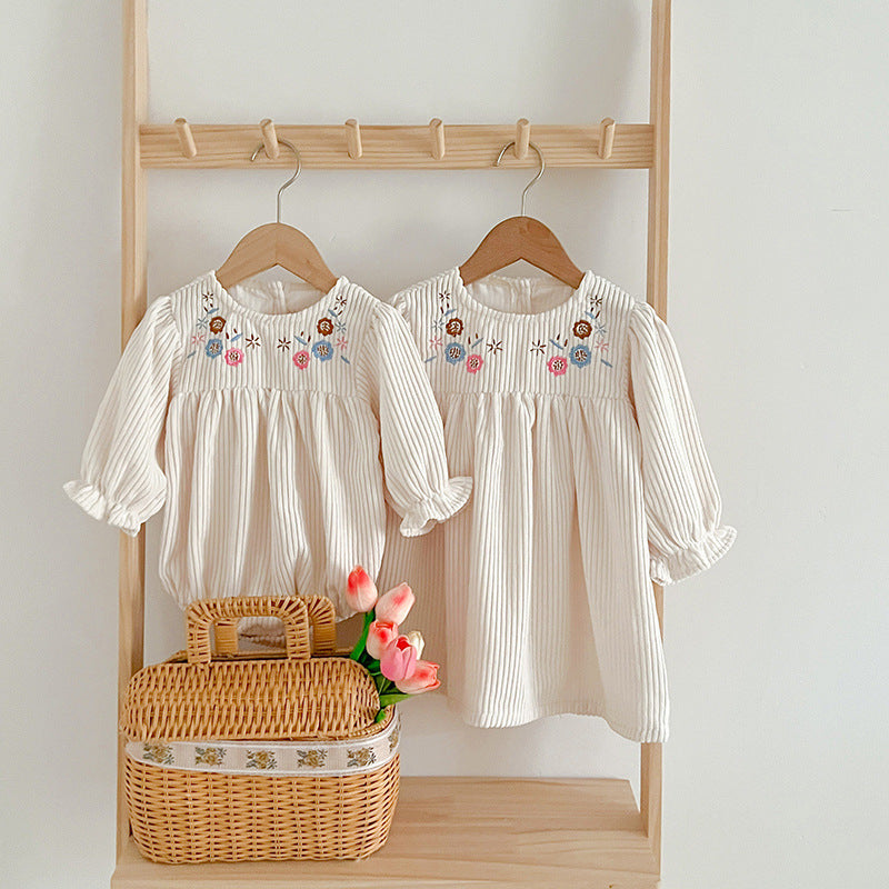 Baby Onesies or Dress For Girls With Long Sleeves And Embroidered Flowers-1