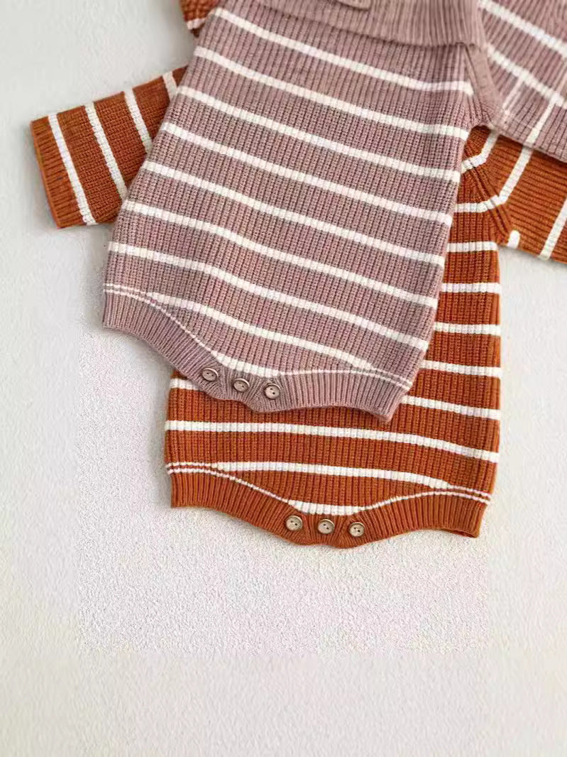 Autumn Arrival Baby Unisex Long Sleeves Striped Crew Neck Knitted Onesies-4