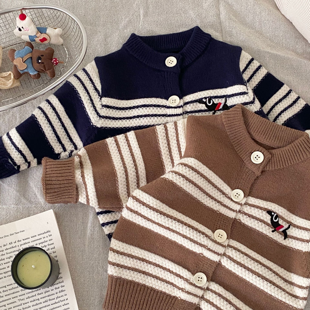 Winter and Autumn Baby Kids Unisex Striped Long Sleeves Cardigan and Pants Knitted Clothing Set-3