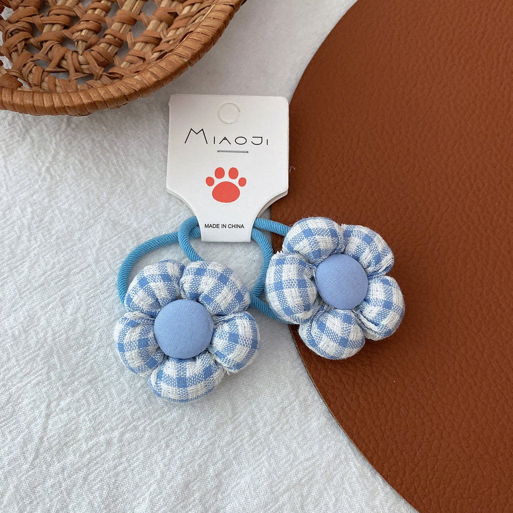 Girls Fabric Checkered 3D Flower Candy-Colored Hair Elastic Accessories