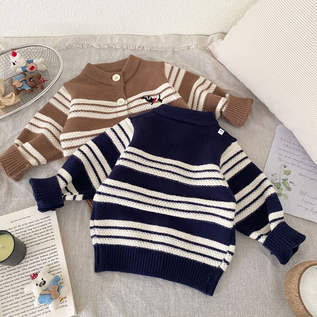 Winter and Autumn Baby Kids Unisex Striped Long Sleeves Cardigan and Pants Knitted Clothing Set-4