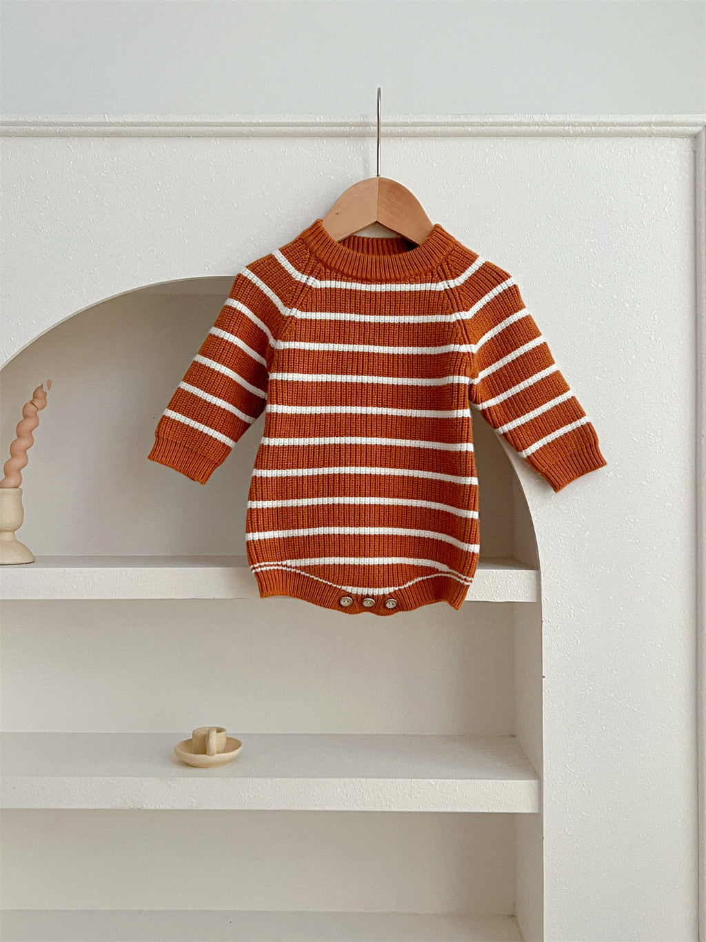 Autumn Arrival Baby Unisex Long Sleeves Striped Crew Neck Knitted Onesies-2