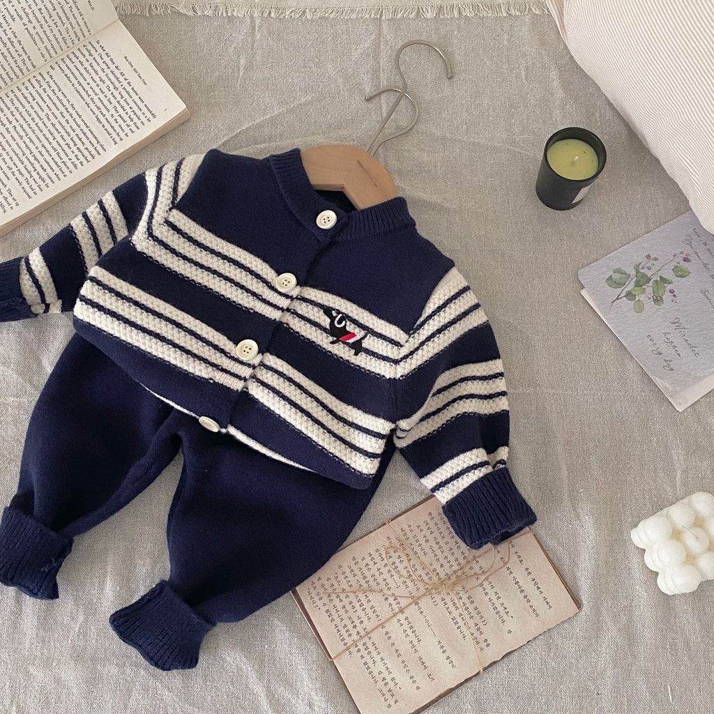 Winter and Autumn Baby Kids Unisex Striped Long Sleeves Cardigan and Pants Knitted Clothing Set-0