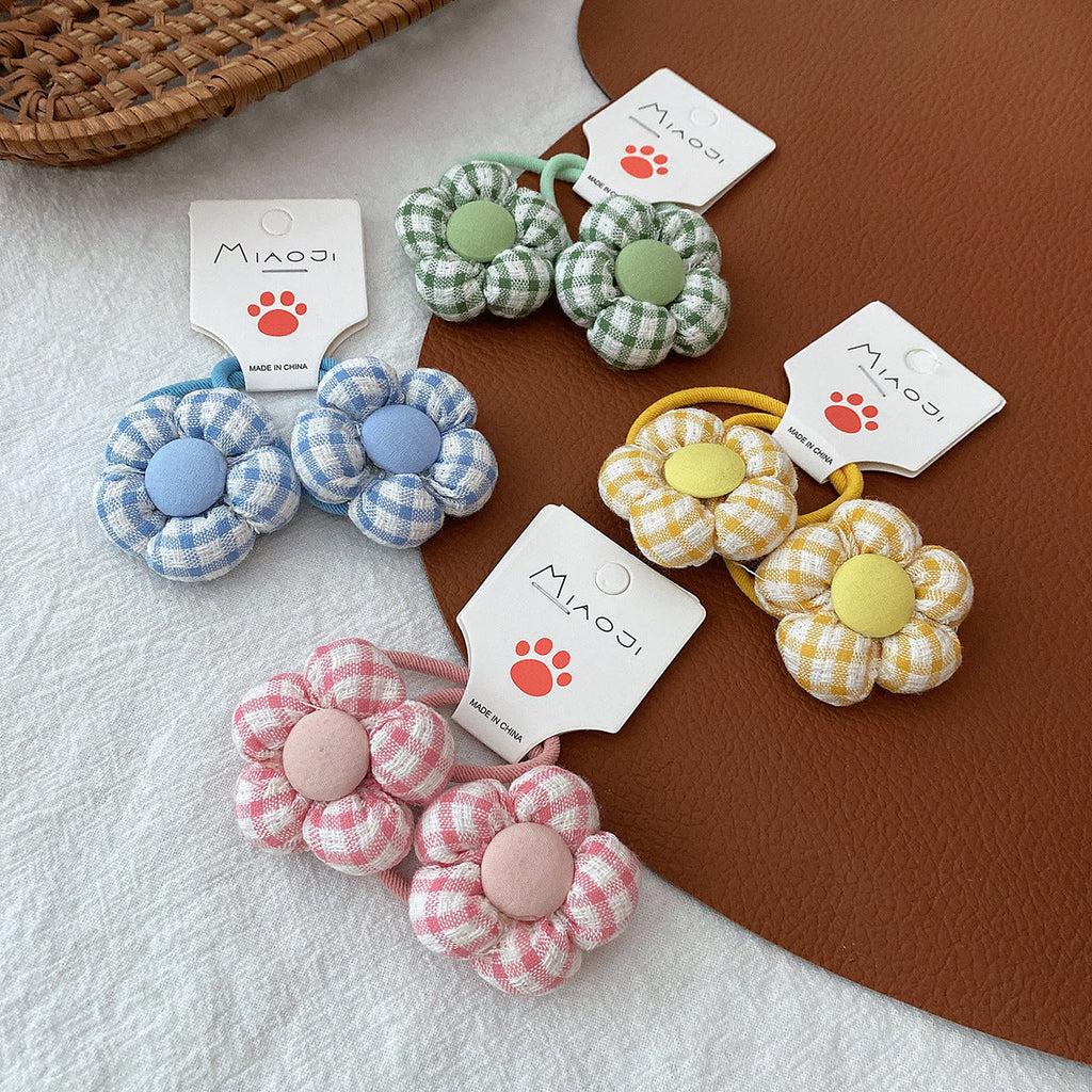 Girls Fabric Checkered 3D Flower Candy-Colored Hair Elastic Accessories