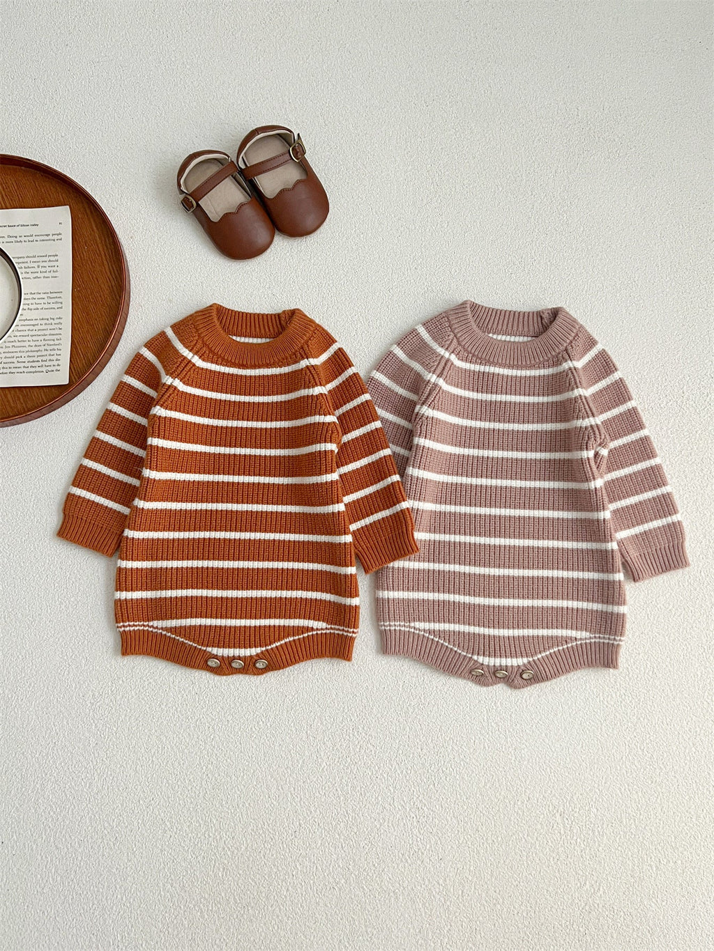 Autumn Arrival Baby Unisex Long Sleeves Striped Crew Neck Knitted Onesies-0