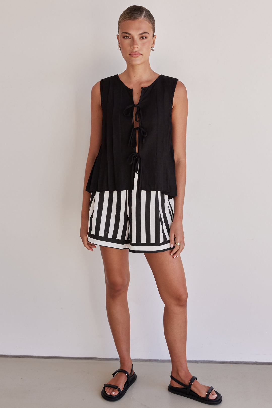 Black Linen Tie-Up Top – Sleeveless Pleated Front Blouse