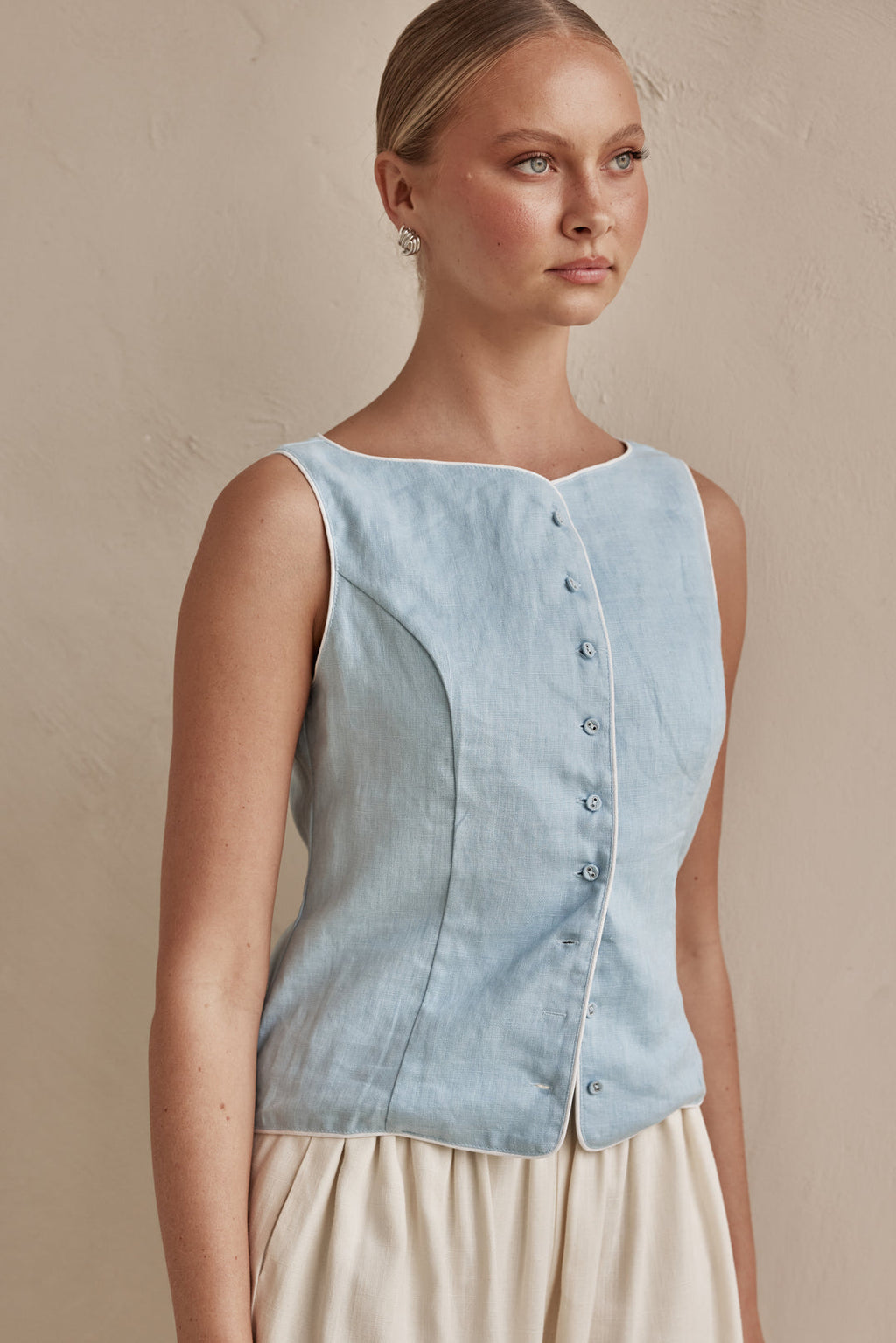 Sky Blue Sleeveless Linen Vest for Women
