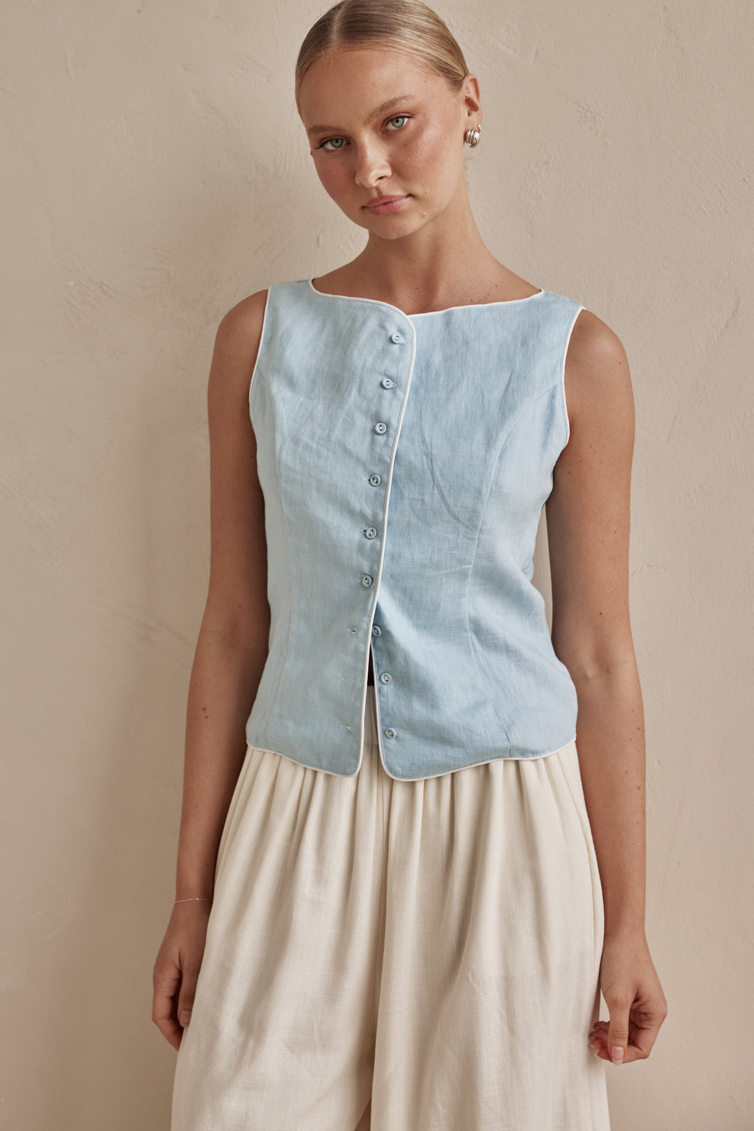 Sky Blue Sleeveless Linen Vest for Women