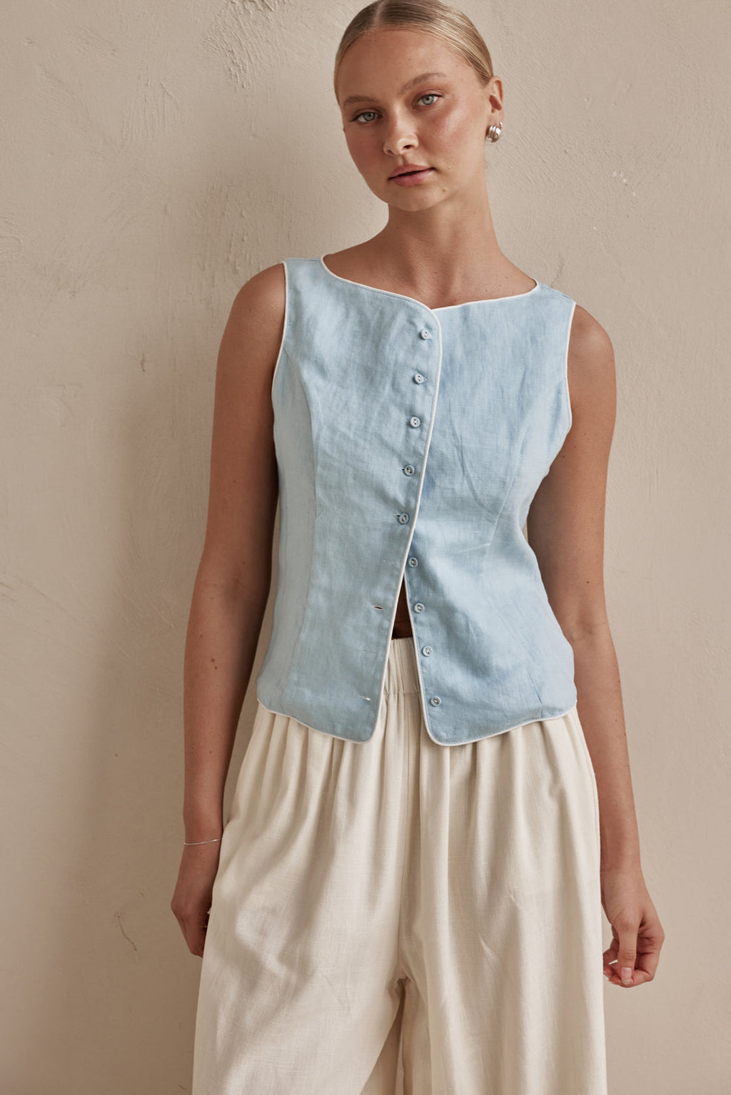 Sky Blue Sleeveless Linen Vest for Women